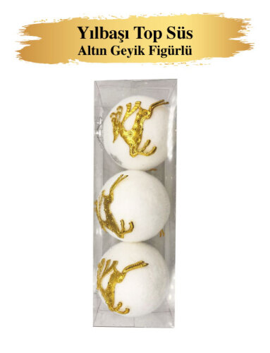 Yılbaşı Top Süs 8 cm Altın Geyik Figürlü 3 Parça - 2