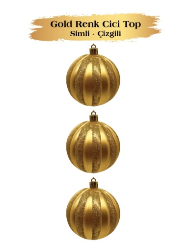 Yılbaşı Top Süs 8 Cm Çizgili Simli 3 Parça Altın - 1