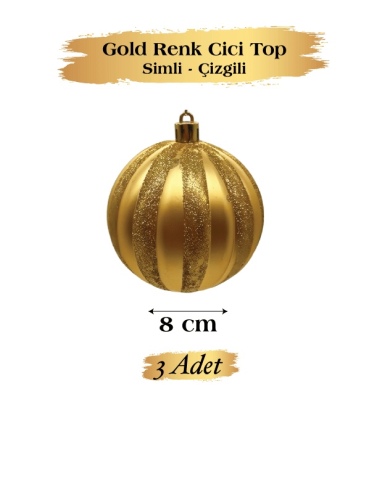 Yılbaşı Top Süs 8 Cm Çizgili Simli 3 Parça Altın - 2