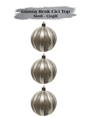 Yılbaşı Top Süs 8 Cm Çizgili Simli 3 Parça Gümüş - 1