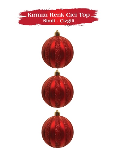Yılbaşı Top Süs 8 Cm Çizgili Simli 3 Parça Kırmızı - 1