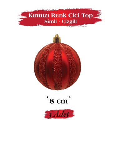 Yılbaşı Top Süs 8 Cm Çizgili Simli 3 Parça Kırmızı - 2