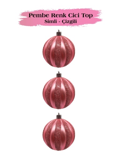 Yılbaşı Top Süs 8 Cm Çizgili Simli 3 Parça Pembe - 1