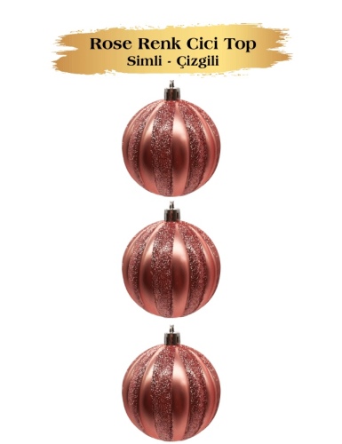 Yılbaşı Top Süs 8 Cm Çizgili Simli 3 Parça Rose Gold - 1