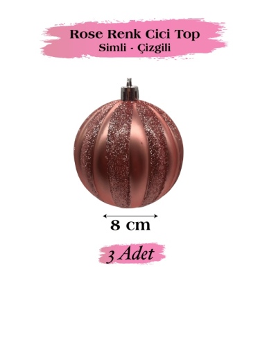 Yılbaşı Top Süs 8 Cm Çizgili Simli 3 Parça Rose Gold - 2