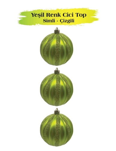 Yılbaşı Top Süs 8 Cm Çizgili Simli 3 Parça Yeşil - 1