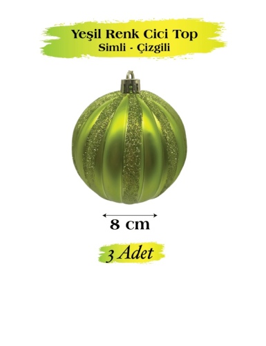 Yılbaşı Top Süs 8 Cm Çizgili Simli 3 Parça Yeşil - 2