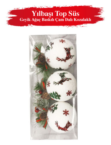 Yılbaşı Top Süs 8 cm Geyik Ağaç Baskılı Çam Dalı Kozalaklı 3 Parça - 2