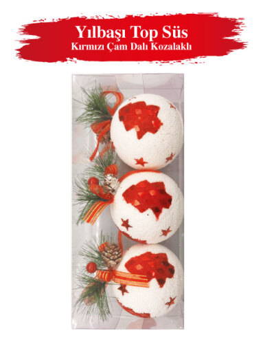 Yılbaşı Top Süs 8 cm Kırmızı Çam Dalı Kozalaklı 3 Parça - 2