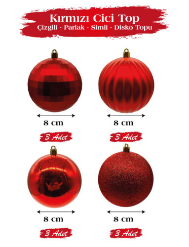 Yılbaşı Top Süs 8 Cm Parlak-Simli-Çizgili-Disco Desenli 12 Parça - 