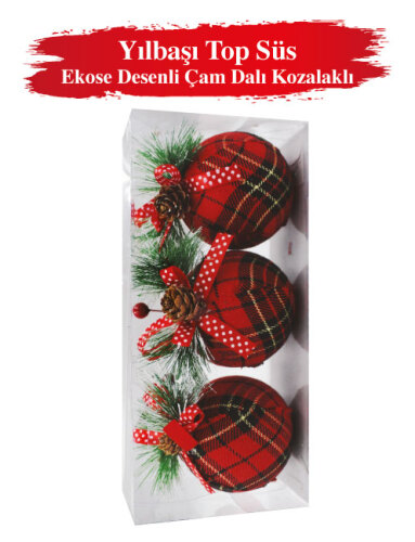 Yılbaşı Top Süs 8 cm Kırmızı Ekoseli Çaml Dalı Kozalaklı 3 Parça - 2
