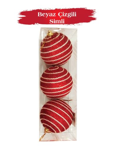 Yılbaşı Top Süs 8 Cm Kırmızı Simli Üzerine Beyaz Dalgalı Şeritli 3lü - 2