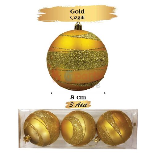 Yılbaşı Top Süs 8 Cm Simli Şeritli Gold 3lü - 1