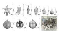 Yılbaşı Top Süs - Figür Tepelikli Ağaç Set Gümüş 34 Parça - 1