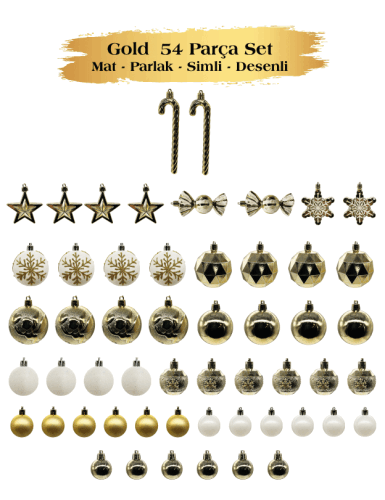 Yılbaşı Top Süs Figürlü Asetatlı 54 Parça Set Altın - 3
