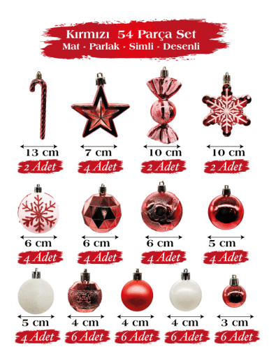 Yılbaşı Top Süs Figürlü Asetatlı 54 Parça Set Kırmızı - 1