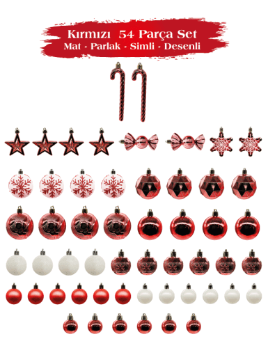 Yılbaşı Top Süs Figürlü Asetatlı 54 Parça Set Kırmızı - 3