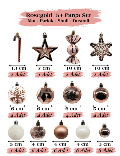 Yılbaşı Top Süs Figürlü Asetatlı 54 Parça Set Rose Gold - 1